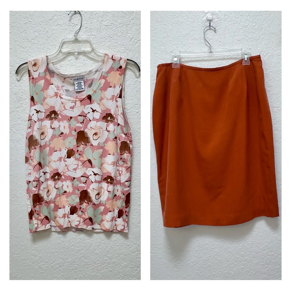 George Floral Knit Top & Jennifer Moore Silk Skirt Set Rust Orange Best Fit Lg